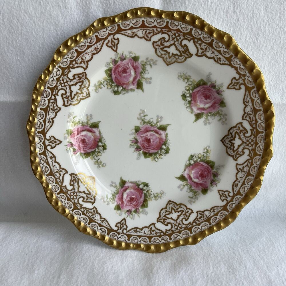 J. Pouyat Limoges France hand painted pink roses gold gilt scrolls plate, 8-1/2”